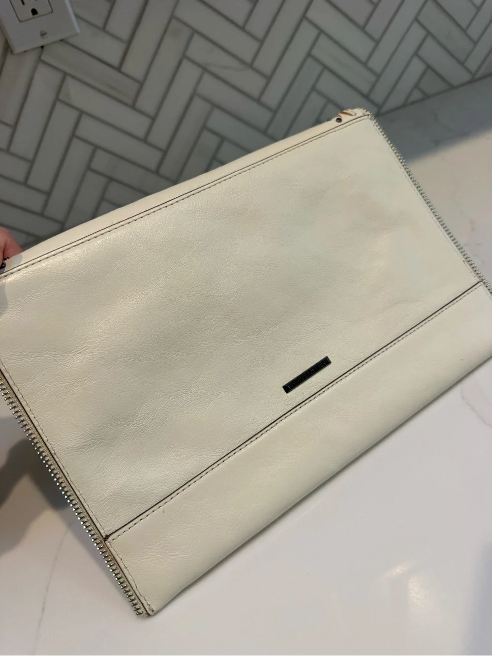 Rebecca Minkoff Cream Envelope Clutch with Stud and Woven Trim